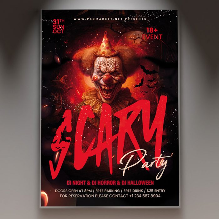A Club Party Scary Flyer Template featuring a dark, shadowy figure in a frightening costume against a brightly lit, foggy dance floor, conveying a professional and high-energy horror atmosphere for a club event.
