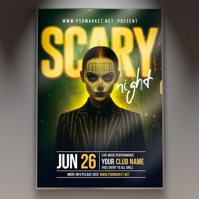 A Club Scary Night Flyer Template featuring a sinister, dark figure standing on a smoke-filled dance floor illuminated by aggressive red and blue club lights, conveying a professional and high-energy horror atmosphere.