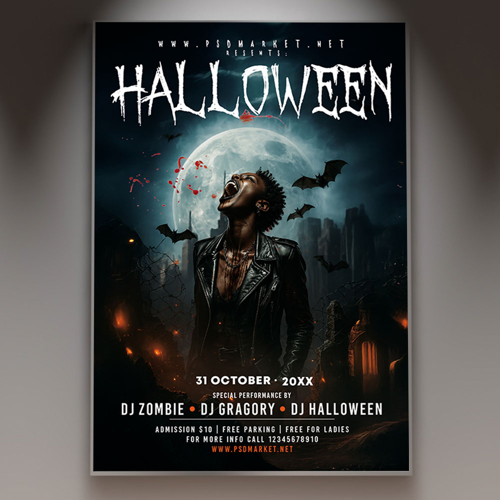 halloween-2026-flyer-template-1 A Halloween 2026 Flyer Template featuring a sinister, dark figure or futuristic monster against a foggy backdrop, with the year '2026' boldly emphasized, conveying a professional and event-specific spooky atmosphere for the next year.
