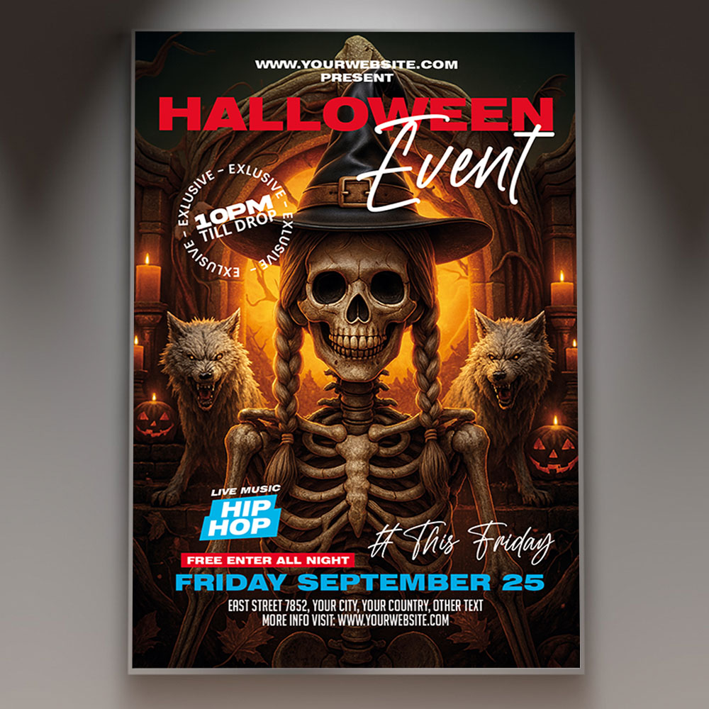 halloween-club-crazy-flyer-template-1 A Halloween Club Crazy Flyer Template featuring a blurred, distorted figure in an extreme costume dancing under frantic neon club lights against a smoky, dark background, conveying a high-energy and chaotic party atmosphere.