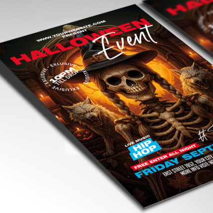 A customizable club night flyer designed for an outrageous Halloween event, showcasing aggressive, graffiti-style typography and a color palette of electric green, shocking pink, and black that evokes a sense of unhinged fun and intense music.