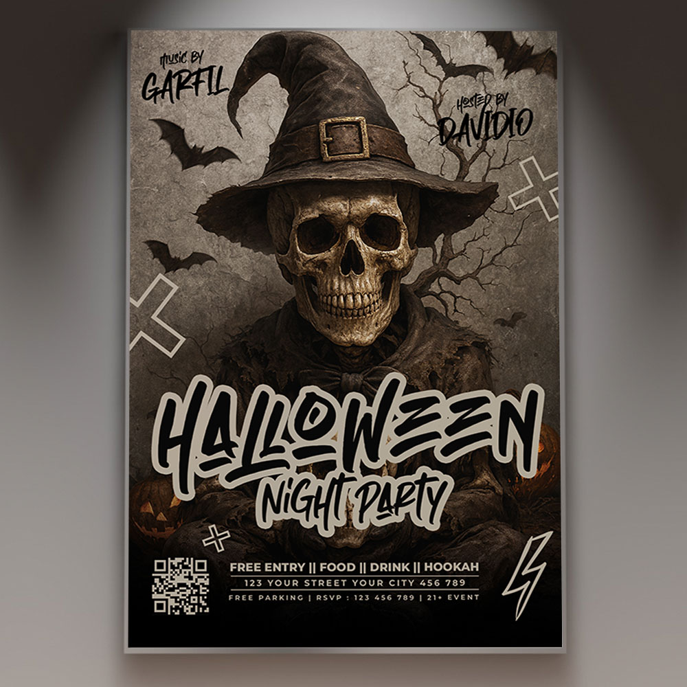 halloween-night-party-event-flyer-template-1 A Halloween Night Party Event Flyer Template featuring a sinister, dramatic scene with a full moon and silhouetted figures on a dance floor, emphasizing the ultimate event of the holiday with intense red and blue lighting.