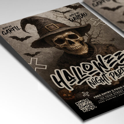 A customizable large-scale event flyer designed for the main Halloween night party, showcasing bold, gothic-horror typography and a chilling color palette of deep red, black, and ghostly white that immediately attracts attention for the official night.