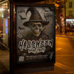 An inviting and attention-grabbing invitation template, ready for personalization for a "Halloween Night Party Event," promising an unforgettable night of high-energy music, costumes, and thrilling, high-production entertainment on October 31st.