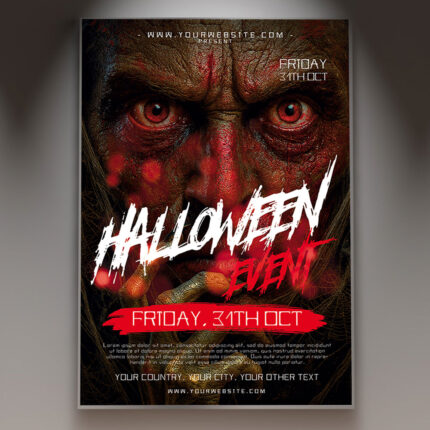 A Halloween Party 2026 Event Flyer Template featuring a sinister, iconic horror figure against an imposing, fog-shrouded venue background, with the year '2026' boldly emphasized, conveying a grand and professional event atmosphere.