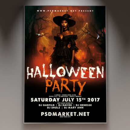 A Halloween Party Bar Flyer Template featuring a glowing, themed cocktail glass on a dark bar counter, with silhouetted party-goers and subtle gothic elements in the background, conveying a professional and sophisticated spooky atmosphere.