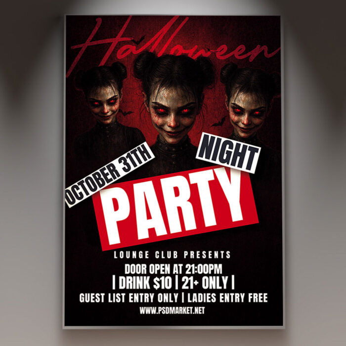 A Halloween Party Crazy Flyer Template featuring an exaggerated, maniacally grinning creature with vibrant neon colors against a dark, chaotic background with dynamic motion effects, conveying a wild and high-energy party atmosphere.