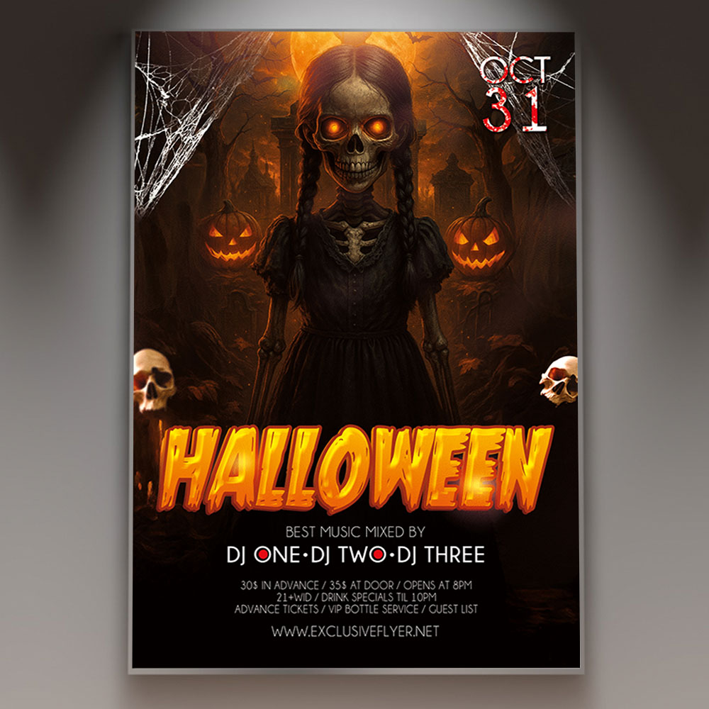 halloween-party-flyer-template-1 A Halloween Party Flyer Template featuring a classic jack-o'-lantern and bat silhouettes against a dark, foggy, or graveyard-themed background with bold orange and black lighting, conveying a professional and spooky atmosphere.