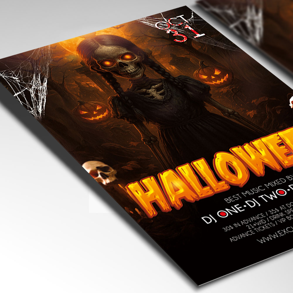 halloween-party-flyer-template-2 A customizable party flyer designed for a Halloween celebration, showcasing bold, horror-style typography with distressed effects and a festive color palette of deep orange, black, and purple that immediately attracts attention.