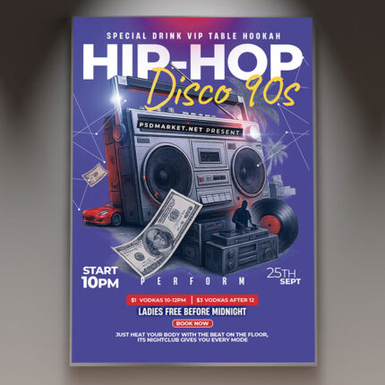 A Hip-Hop Flyer Template featuring a silhouetted rapper on stage under intense spotlights, set against a dark, urban background with energetic visual effects, conveying a professional and high-energy concert atmosphere.