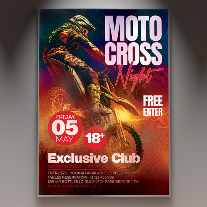 A Moto Cross Flyer Template featuring a dirt bike rider in mid-air during a jump, with dirt and dust flying and dramatic, high-speed lighting, conveying a professional and high-octane racing atmosphere.