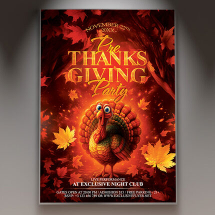 A Pre-Thanksgiving Flyer Template featuring a warm, cozy scene with festive autumn decor, like pumpkins and colorful fall leaves, set against a welcoming background to invite guests to an early holiday celebration.