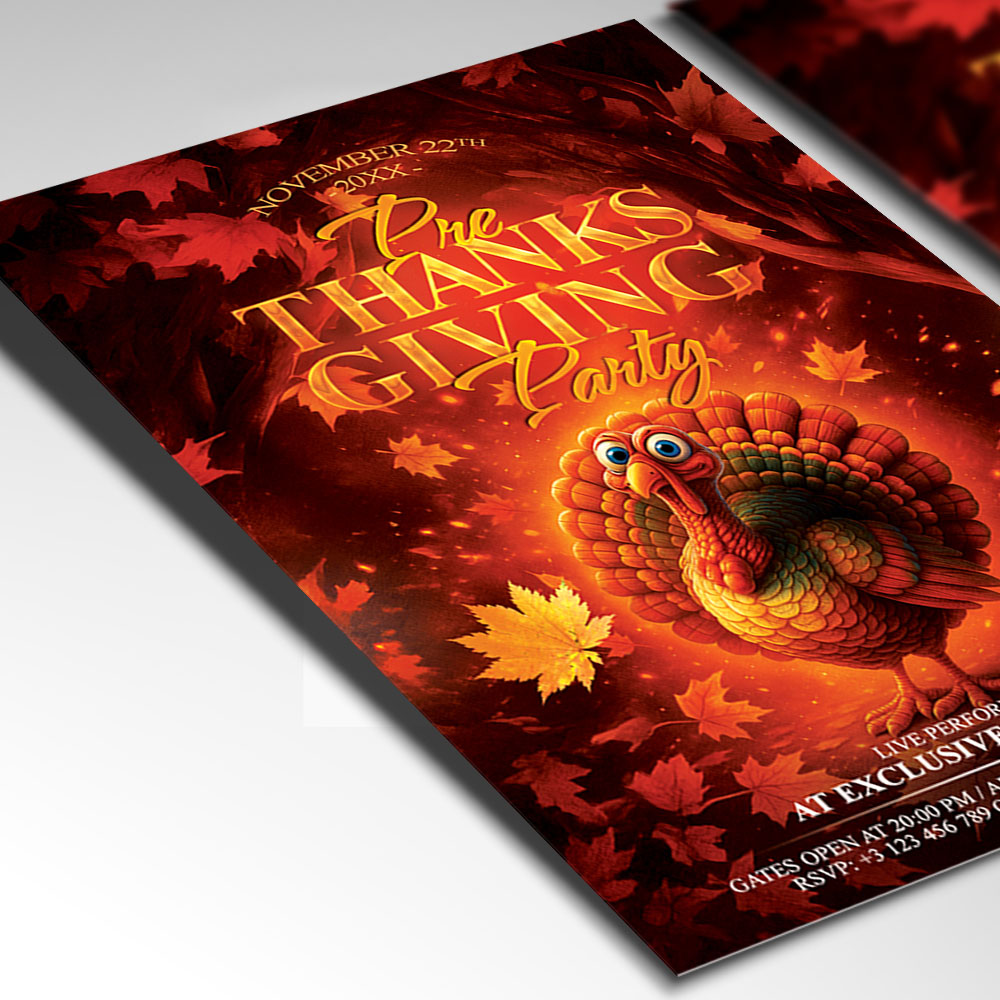 pre-thanksgiving-flyer-template-2 A customizable event flyer designed for a pre-holiday gathering, showcasing elegant, friendly typography and a color palette of deep orange, rich brown, and gold that evokes a sense of warmth and seasonal festivity.