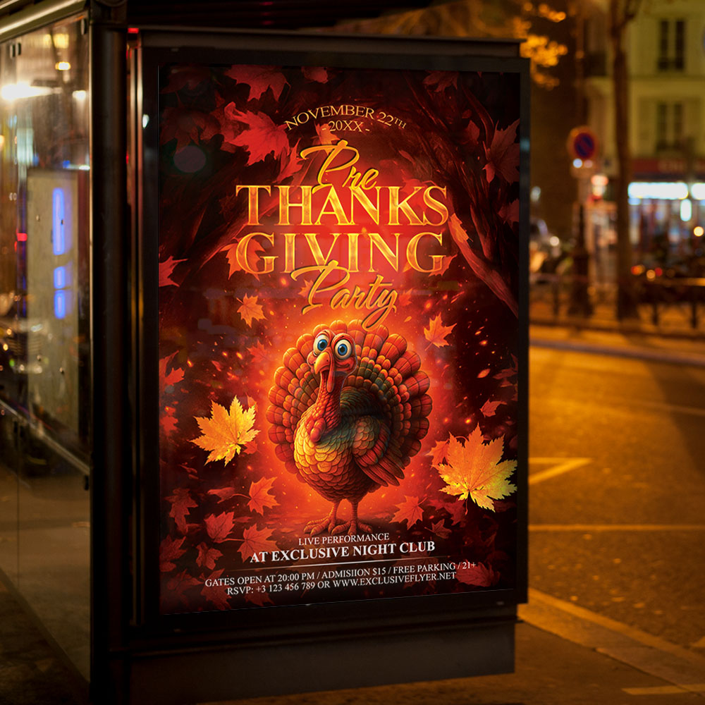 pre-thanksgiving-flyer-template-3 An inviting and attention-grabbing invitation template, ready for personalization for a "Pre-Thanksgiving Event," promising an unforgettable time of great food, drinks, and early holiday cheer.