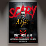 A Scary Club 2026 Flyer Template featuring a sinister, cloaked figure against a backdrop of neon-lit club lights and a smoky dance floor, with the year 2026 integrated into the horror theme.