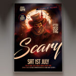 A Scary Event Clown Flyer Template featuring a close-up of a grotesque, evil clown's face with sinister makeup and a chilling stare, set against a dark, carnival-themed background with intense lighting.