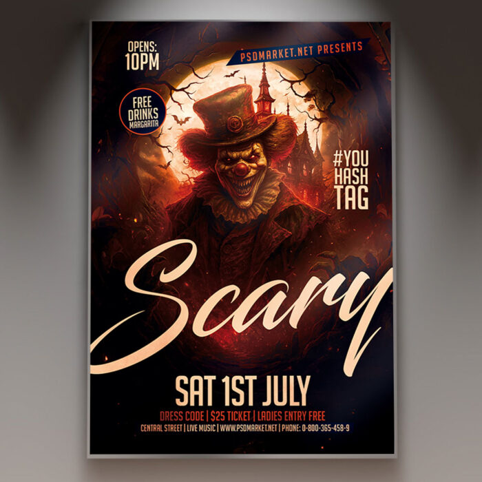 A Scary Event Clown Flyer Template featuring a close-up of a grotesque, evil clown's face with sinister makeup and a chilling stare, set against a dark, carnival-themed background with intense lighting.