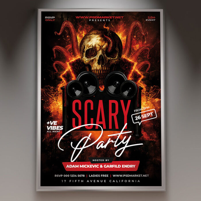 A Scary Party 2026 Flyer Template featuring a menacing, grotesque figure with glowing eyes and futuristic digital accents, set against a dark, foggy background with the year prominently displayed, conveying an ultimate horror atmosphere.