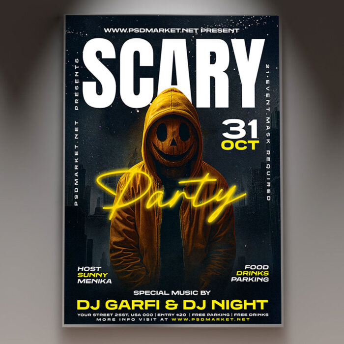 A Scary Party Best Flyer Template featuring a menacing, bloody figure with glowing eyes emerging from a dark, foggy background with intense red lighting, conveying a professional and ultimate horror atmosphere.