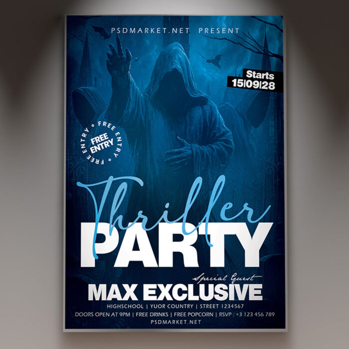 A Thriller Party Night Flyer Template featuring a dramatic, silhouetted figure in a dance pose against a foggy, dark background with neon red lighting, conveying a professional and high-energy atmosphere.