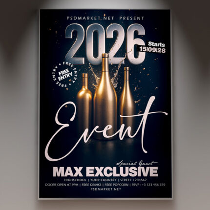 A professional 2026 Club Event Flyer PSD Template featuring a dynamic club scene with laser lights, a dance floor crowd, and the bold year '2026', conveying a high-energy nightlife event.