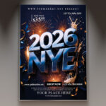A professional 2026 NYE Flyer PSD Template featuring a glamorous scene with confetti, sparkling lights, and the prominent year '2026', conveying a high-end New Year's Eve celebration.