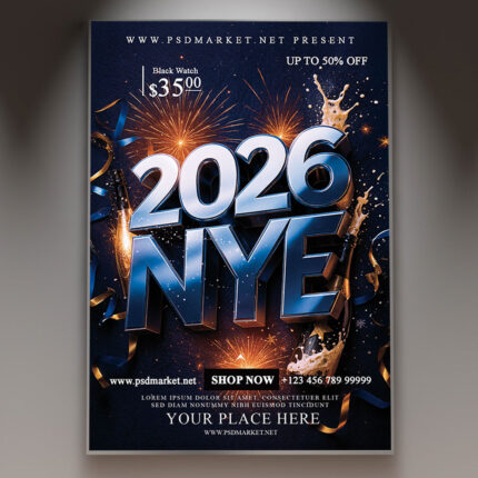 A professional 2026 NYE Flyer PSD Template featuring a glamorous scene with confetti, sparkling lights, and the prominent year '2026', conveying a high-end New Year's Eve celebration.