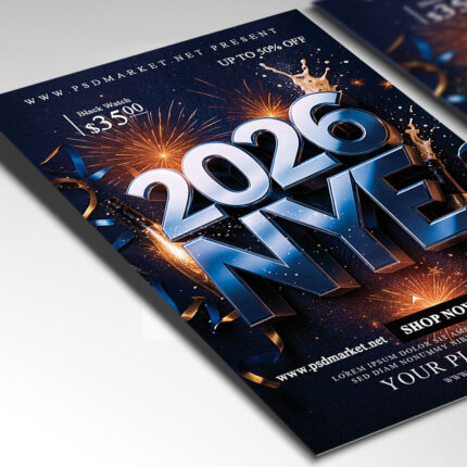 A customizable flyer designed for a New Year's Eve 2026 event, showcasing elegant, celebratory typography and a color palette of metallic gold, silver, and black, perfect for a sophisticated seasonal promotion.