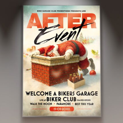 A professional After Event Flyer PSD Template featuring a dynamic, dark, club-like scene with bright spotlights and abstract crowd shapes, conveying an exclusive, high-energy late-night party.