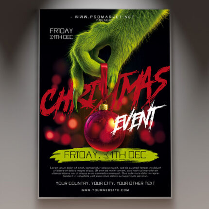 A professional Christmas 2026 Flyer PSD Template featuring a warm, festive scene with glittering lights, pine branches, and traditional ornaments, conveying a cozy holiday celebration.