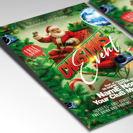 A customizable event flyer designed for a major Christmas 2026 celebration, showcasing clear, celebratory typography and a classic holiday color palette of red, green, and gold, perfect for a high-end seasonal event promotion.