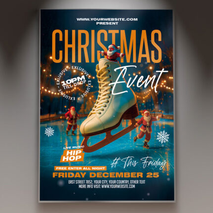 A professional Christmas Event 2026 Party Flyer PSD Template featuring a glamorous, festive scene with sparkling lights, ornaments, and the year '2026', conveying a high-end holiday celebration.