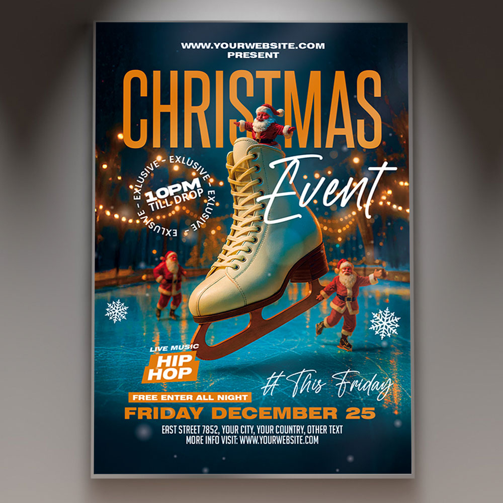 christmas-event-2026-party-flyer-psd-template-1 A professional Christmas Event 2026 Party Flyer PSD Template featuring a glamorous, festive scene with sparkling lights, ornaments, and the year '2026', conveying a high-end holiday celebration.