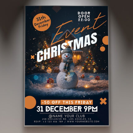 A professional Christmas Event Club Flyer PSD Template featuring a dynamic scene with pulsating club lighting, festive decorations, and energetic typography, conveying a high-energy holiday nightlife party.