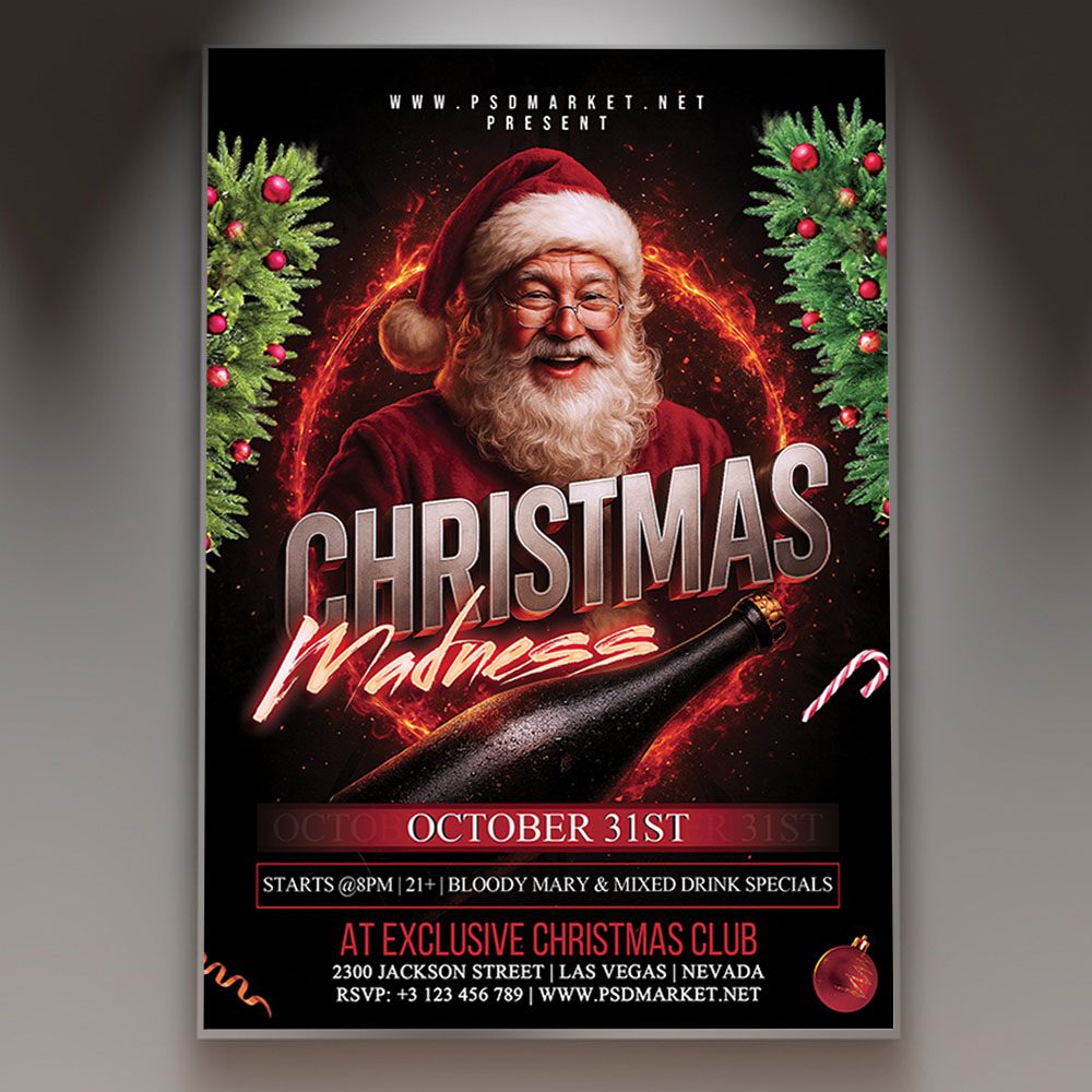 christmas-madness-flyer-psd-template-1 A professional Christmas Madness Flyer PSD Template featuring a dynamic scene of distorted holiday elements and intense, chaotic lighting, conveying a high-energy and wild club or bar party for the festive season.