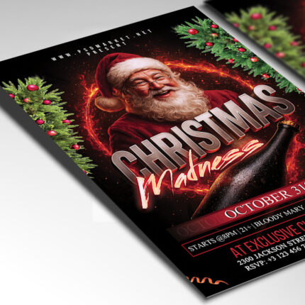 A customizable party flyer designed for an extreme Christmas event, showcasing aggressive, fractured typography and a vibrant color palette mixing traditional holiday colors with electric accents, perfect for a high-impact promotion.