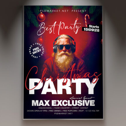 A professional Christmas Party 2026 Flyer PSD Template featuring an elegant setting with a decorated Christmas tree and shimmering gold accents, with the year '2026' boldly emphasized, conveying a major holiday event atmosphere.