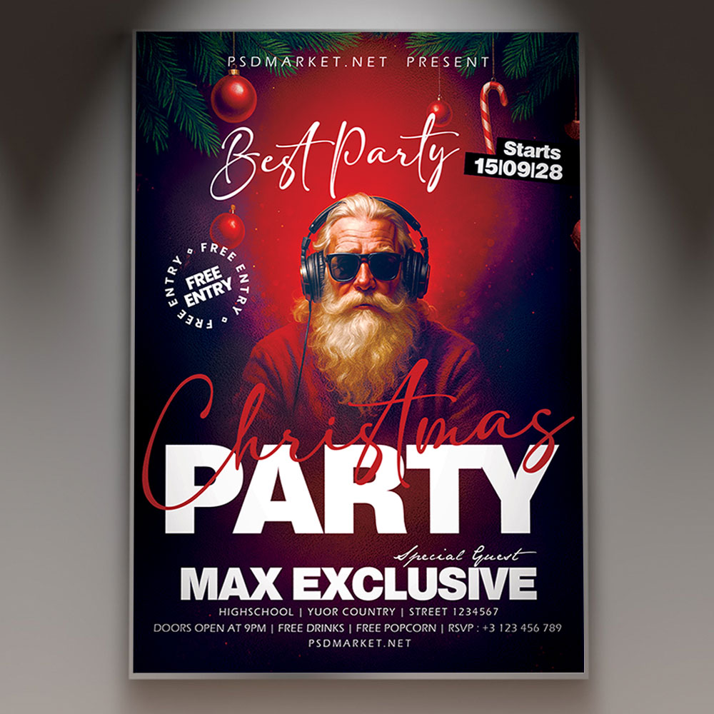 christmas-party-2026-flyer-psd-template-1 A professional Christmas Party 2026 Flyer PSD Template featuring an elegant setting with a decorated Christmas tree and shimmering gold accents, with the year '2026' boldly emphasized, conveying a major holiday event atmosphere.
