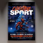 A professional Christmas Sport Party Flyer PSD Template featuring dynamic action elements, festive holiday decorations mixed with sports gear, and high-energy lighting, conveying a lively themed party.