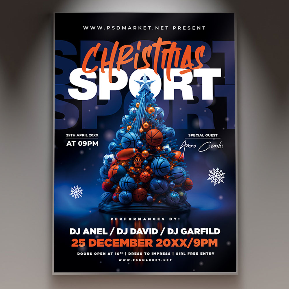 christmas-sport-party-flyer-psd-template-1 A professional Christmas Sport Party Flyer PSD Template featuring dynamic action elements, festive holiday decorations mixed with sports gear, and high-energy lighting, conveying a lively themed party.