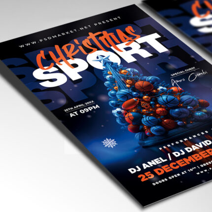 A customizable party flyer designed for a holiday sports bar or gym event, showcasing bold, energetic typography and a color palette blending traditional Christmas red/green with athletic neon accents, perfect for a spirited gathering.