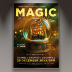 A professional Magic Show Flyer PSD Template featuring a dramatic stage scene with red velvet curtains, mysterious smoke, and a spotlight, conveying a sophisticated illusionist performance.
