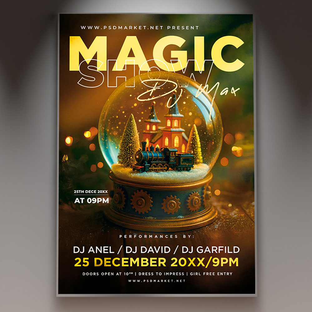 magic-show-flyer-psd-template-1 A professional Magic Show Flyer PSD Template featuring a dramatic stage scene with red velvet curtains, mysterious smoke, and a spotlight, conveying a sophisticated illusionist performance.