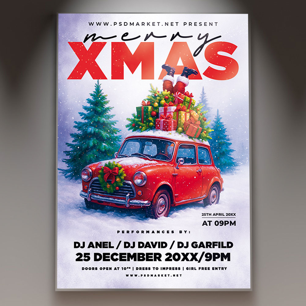 merry-xmas-flyer-psd-template-1 A professional Merry X-Mas Flyer PSD Template featuring a bright, cozy scene with wrapped presents, decorative ornaments, and sparkling lights, conveying a traditional and warm holiday atmosphere.
