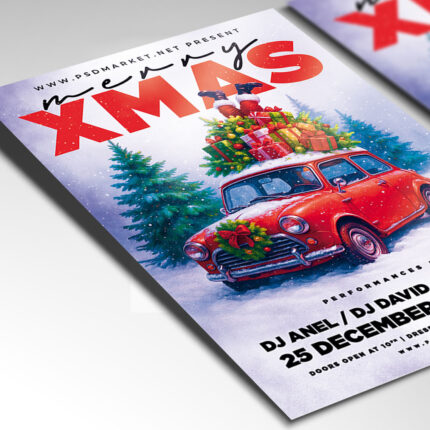 A customizable festive flyer designed for a Christmas celebration, showcasing cheerful, welcoming typography and a classic holiday color palette of red, green, and gold, perfect for a family or community event promotion.