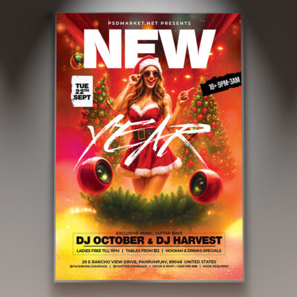 A professional New Year 2026 Club Flyer PSD Template featuring a dynamic scene with intense club lighting, abstract light effects, and a bold '2026' graphic, conveying a high-energy NYE club party atmosphere.