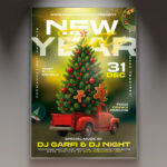 A professional New Year 2026 Event Flyer PSD Template featuring champagne glasses clinking and vibrant fireworks or sparkling lights in the background, with the year '2026' boldly emphasized, conveying a major New Year's Eve celebration.