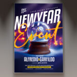 A professional New Year 2026 Flyer PSD Template featuring an elegant and festive scene with fireworks, champagne, and shimmering gold accents, conveying a sophisticated celebration to welcome the new year.