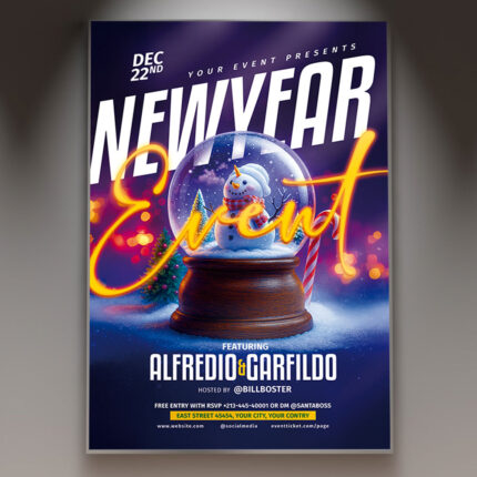 A professional New Year 2026 Flyer PSD Template featuring an elegant and festive scene with fireworks, champagne, and shimmering gold accents, conveying a sophisticated celebration to welcome the new year.