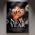 A professional New Year 2026 Flyer PSD Template featuring champagne glasses and vibrant fireworks or sparkling lights in the background, with the year '2026' boldly emphasized, conveying a major, futuristic New Year's Eve celebration.